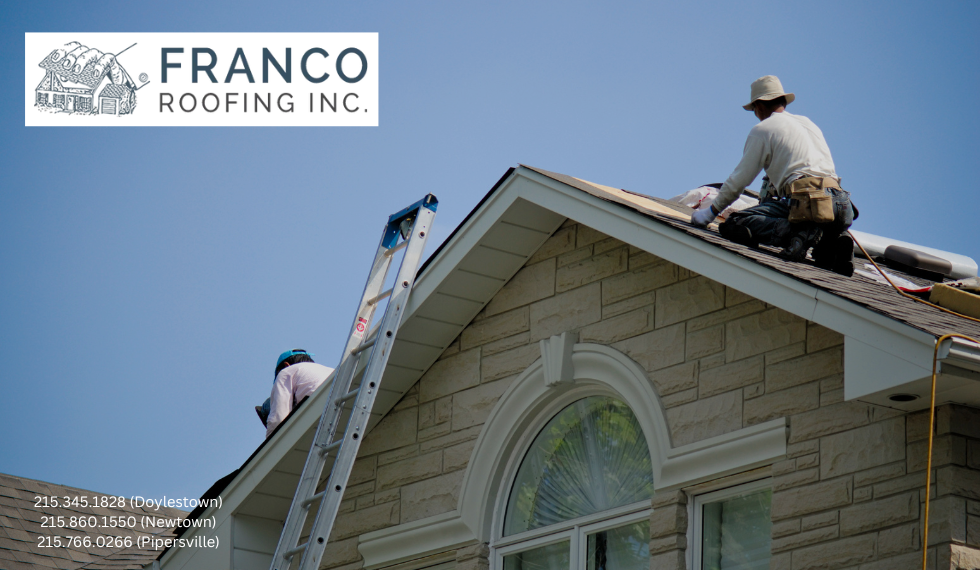 Roofing professionals from Franco Roofing, Inc. inspecting and repairing a residential roof, featuring a ladder, shingles, and a clear blue sky.